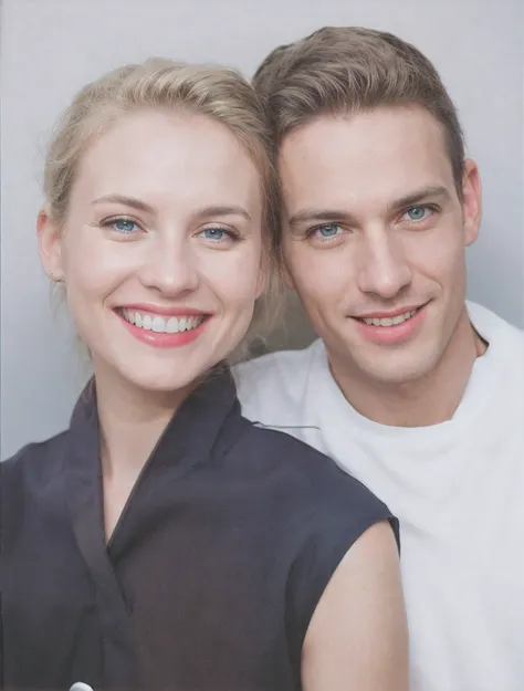 There are two people who are posing for a photo together, man and woman, couple, smiling couple, couple portrait, woman with straight blonde hair, blue eyes, smiling, white teeth, blue dress with 1 white button, man with light brown hair, blue eyes, smilin...