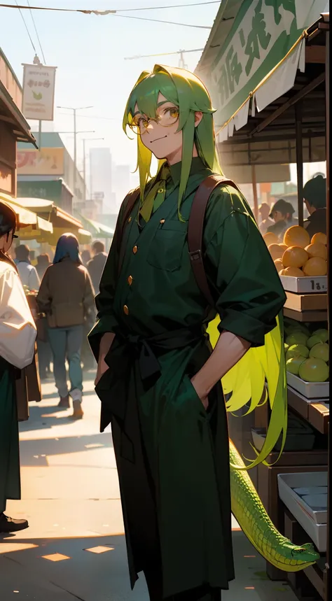 1man,solo,40s,happy face,green skin,market outfit, green hair,long hair,yellow eyes,glasses,lizard tail,(((standing in front of a market)))