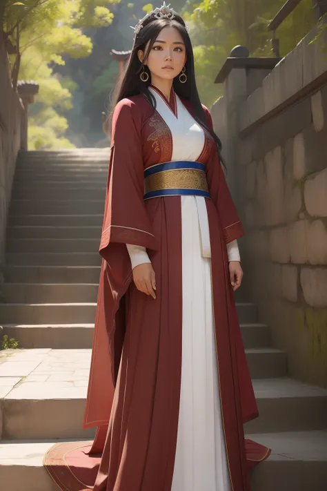 (NSFW) jovem mulher, de longos cabelos negros, tiara prendendo os cabelos, olhar atento, sensual e voluptuosa, usando uma roupa antiga hunfa wuxia, roupa cor vermelha, standing near the steps of some martial sect, imponente, holding a sharp long-bladed swo...