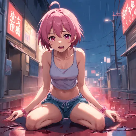 Girl with pink hair holding on to her stomach, Looking at the camera in surprise, Blood oozes from under his hands, Kneeling, blood comes from the mouth, Surprise and pain, is looking at the camera, latex tank top and shorts, bullet wound to the abdomen, B...