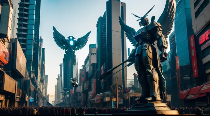 Giant Statue of Angel in Cyberpunk City with flying drones, mech-warriors