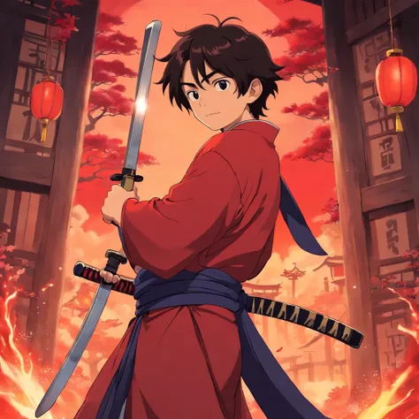 1 boys, Qui tient un katana dans les mains, tenus en kimono rouge noir,