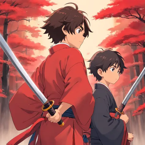 1 boys, Qui tient un katana dans les mains, tenus en kimono rouge noir,