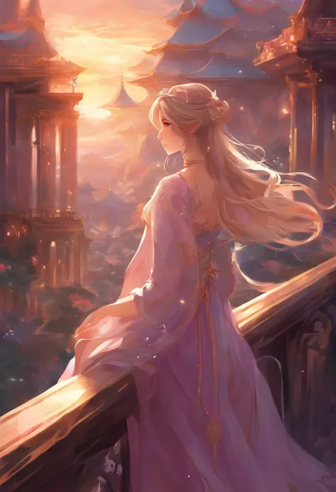 Close-up of a woman in a dress，With his back to the camera，The background is a city, Anime girl with long hair, Beautiful anime, Beautiful anime girl, Beautiful anime style, Anime princess, lovely languid princess, Beautiful anime woman, uma linda princesa...