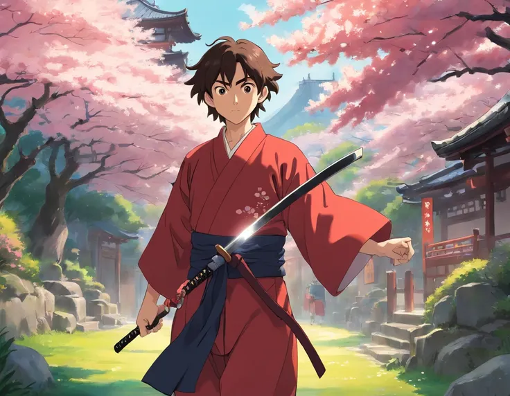 (best quality,highres),1 boys,holding a katana in his hands,wearing a red and black kimono,detailed facial features,long hair,tense expression,traditional samurai style,katana blade shining under the sunlight,subtle background with cherry blossoms falling,...