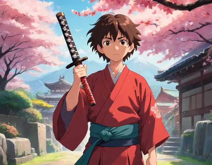 (best quality,highres),1 boys,holding a katana in his hands,wearing a red and black kimono,detailed facial features,long hair,tense expression,traditional samurai style,katana blade shining under the sunlight,subtle background with cherry blossoms falling,...