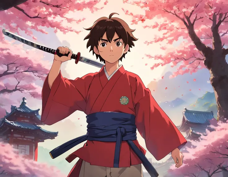 (best quality,highres),1 boys,holding a katana in his hands,wearing a red and black kimono,detailed facial features,long hair,tense expression,traditional samurai style,katana blade shining under the sunlight,subtle background with cherry blossoms falling,...