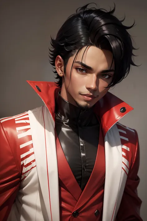 jovem negro, drip, terno vermelho, stylish hair, cabelos pretos, Sorriso, show, lindo, bleach pose, anime style, man, negro, red suit, black hair