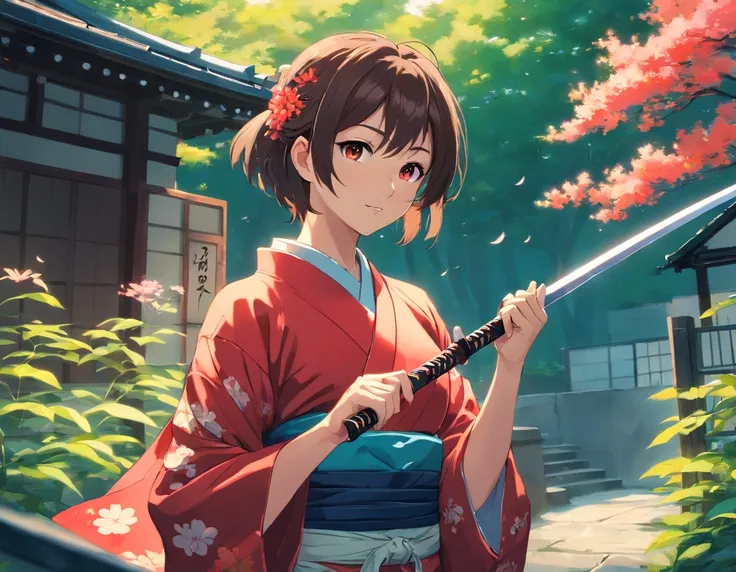 (Best quality,high resolucion),1 boys,tenant un katana dans ses mains,Porter un kimono rouge et noir,Detailed facial features,cheveux longs,expression tendue,Traditional samurai style,Katana blade shining in sunlight,fond subtil avec des fleurs de cerisier...