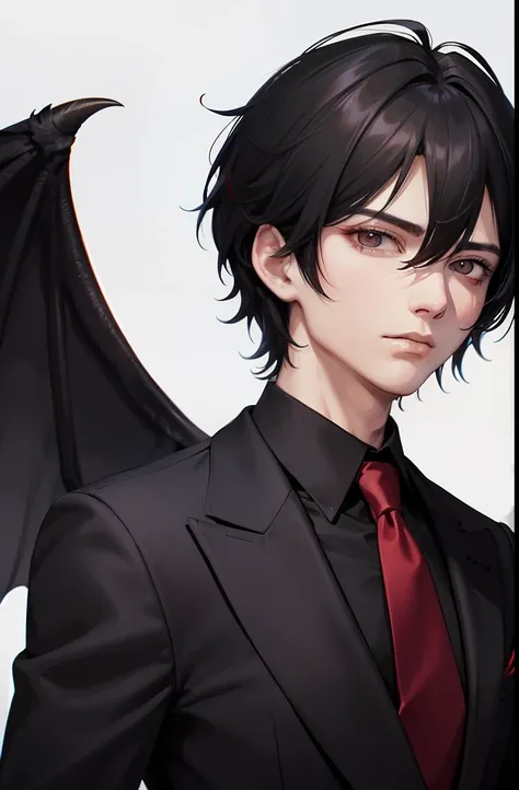 young man, medium hair, hair that reaches the shoulder, black hair, neutral face, black eyes, suit, demonic wings, red and black wings