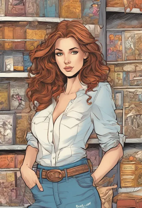 (( anatomicamente correto, boa qualidade, obra prima )), Young white woman with brown hair looking into the camera, estilo arte capa de quadrinhos, cabelos compridos, roupas casuais, olhos castanhos, denim trousers