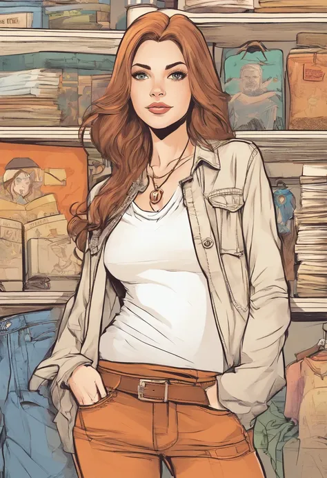 (( anatomicamente correto, boa qualidade, obra prima )), Young white woman with brown hair looking into the camera, estilo arte capa de quadrinhos, cabelos compridos, roupas casuais, olhos castanhos, denim trousers