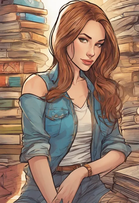 (( anatomicamente correto, boa qualidade, obra prima )), Young white woman with brown hair looking into the camera, estilo arte capa de quadrinhos, cabelos compridos, roupas casuais, olhos castanhos, denim trousers