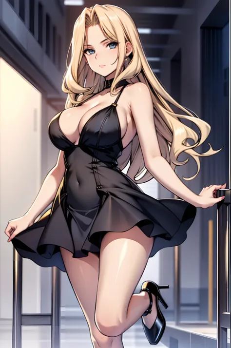 blond_hair, blue_eyes, minidress, cleavage, bare_shoulders, big_thighs, black_dress, high_heels, standing_on_one_leg, bare_arms,