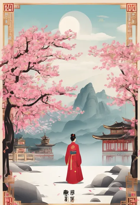 Spring，Spring flowers，chinese traditional architecture，，A woman wears Hanfu，Landscape of people，（The picture reads Lichun）