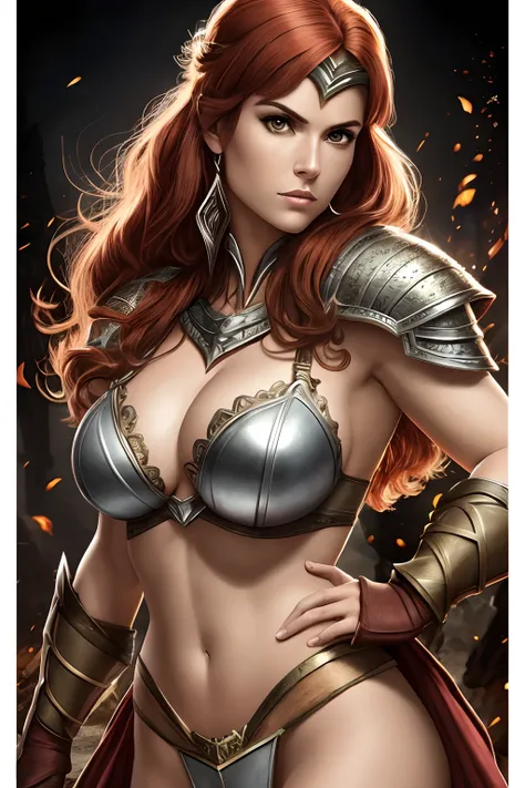 Red Sonja, Guerreira sexy em armadura desleixada, armadura de cota de malha prateada, cabelo ruivo, fantasia, dynamics, realista, UHD, 32k, decote, obra-prima de arte, Sensual, sexy, safada, with sword in hand, imponente guerreira destemida, ultra high def...