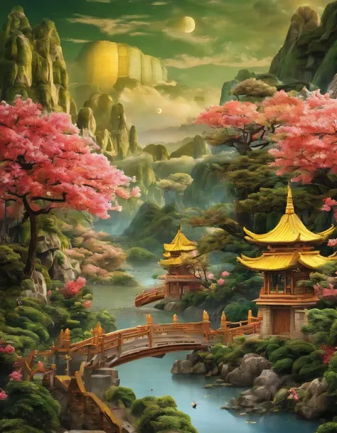 Ancient Chinese scenery Warm daylight Small flowers Flowers Willow branches Tender green bamboo shoots Tender green willow branches Grass Rising spring Yellow spring flowers ，rios，Auspicious clouds，rays of sunshine，tmasterpiece，super detailing，Epic composi...