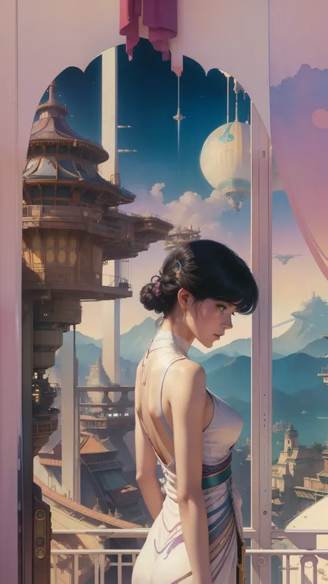 watercolor paiting,Rough watercolor,Panoramic distant view,Fantastic escape,Back shot,Cyberpunk Futuristic,There is a woman in an erotic dress standing on the balcony, Beeple and Alphonse Mucha, beeple and jean giraud, art nouveau octane render, artgem and...