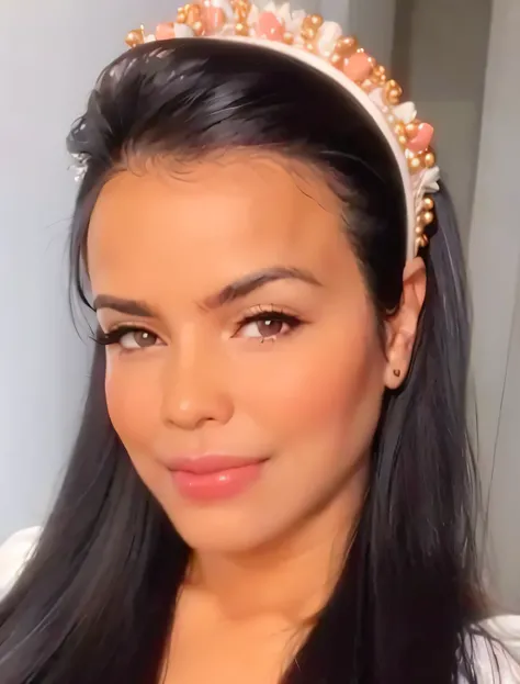 a woman with long black hair wearing an aunt with pearls, lindo rosto latino, Parece Fabiula Nascimento, flawless olive skin, wearing a pink head band, Alanis Guillen, mulher mexicana bronzeada bonita, Mulher mexicana bonita, Mulher de 30 anos de Cuba, cur...