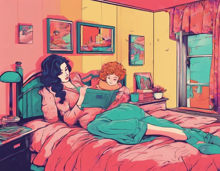 crie uma imagem lofi com uma menina deitada na cama com o gato  e chovendo la fora.