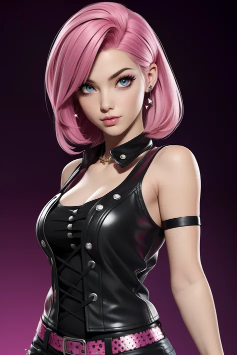 Pink-haired Emo Pin up Girl, Black Faux, Lustrous zomp eyes, Striking a pose