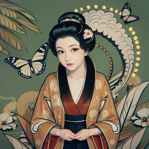 Mulher de Araffe no quimono com fundo da borboleta e da flor, No estilo de arte de Ukiyo - E, japanese art style, japanese illustrator, in illustration style digital, Retrato de uma gueixa bonita, Gueixa da beleza, inspired by Uemura Shōen, mulher japonesa...