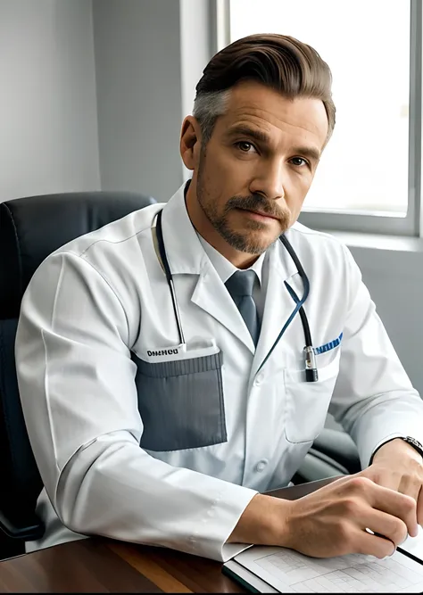 Homem idoso velho de terno branco e gravata sentado em uma mesa, foto de um homem, sitting at desk, wearing a medical suit, foto corporativa, homem bonito, retrato profissional hd