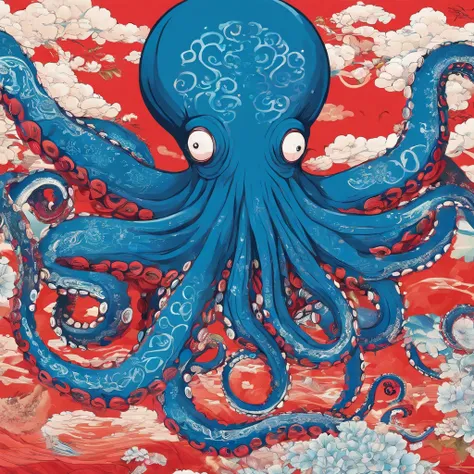 Octopus that is vivid blue with red ribbons and a sky-blue kimono, best quality, masterpiece