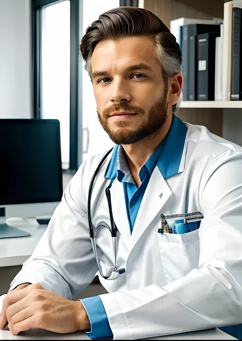 Homem idoso velho de terno branco e gravata sentado em uma mesa, foto de um homem, sitting at desk, wearing a medical suit, foto corporativa, homem bonito, retrato profissional hd