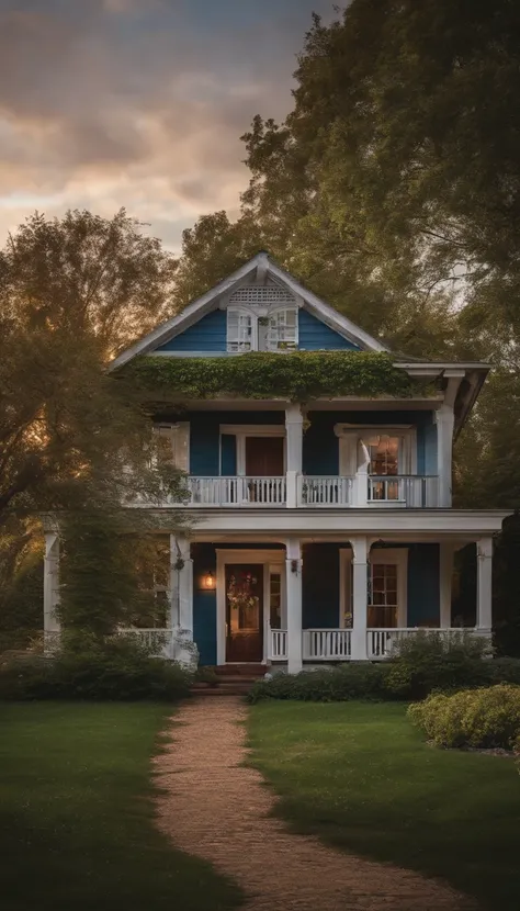 one story  small cottage in a beautiful garden, covered porch with rocking chair, flower beds and blooming fruit trees around and in front of the cottage, deep  blue evening sky