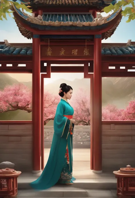 （Poster design），（（Lichun poster）），Spring flowers，chinese traditional architecture，，A woman wears Hanfu，Landscape of people，（There is in the upper left corner（Spring）The Chinese characters，Microsoft Yahei）