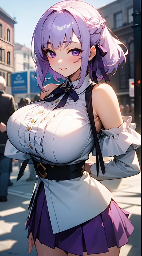 1 girl, game CG, frilled shirt that shows shoulders, short skirt, hair ribbon, gigantic breasts, light purple hair, middle hair, french braid, purple eyes, outdoors, smile,