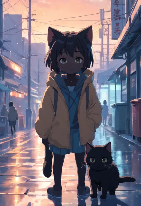 A black kitten, Do cat poses,  raining day，Wet hair，Wet hair，かわいい，Meticulous expressions，Urban street background，nooks，Trash can next to it，Meticulous background depiction，Ultra HD and Ultra High Resolution