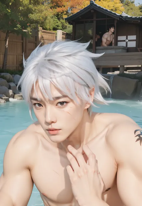 real life adaptation of this character, Korean teen handsome face, ((has a scar that cuts across his left eye)), realistic white hairstyle,(Muscular arms, muscular body, has a six pack on his stomach ) , realistic light, realistic shadow, (photorealistic: ...