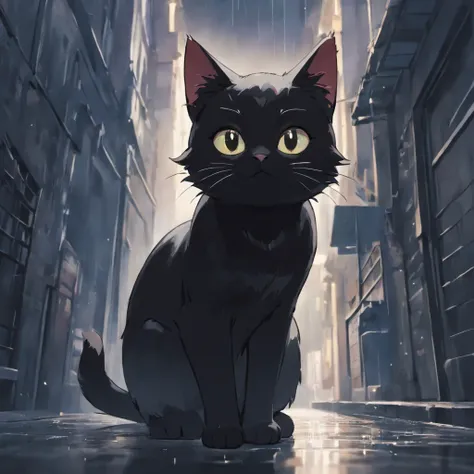 Picture black cat illustration, Stylized, A black kitten, Do cat poses, raining day，Wet hair，Wet hair，かわいい，Meticulous expressions，Urban street background，nooks，Trash can next to it，Meticulous background depiction，Ultra HD and Ultra High Resolution cat tail...