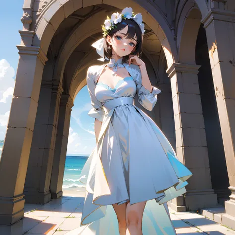 A beautiful woman, in a 90s girl dress, with a white floral chapel, on a beach looking back very well detailed image in 8k detail