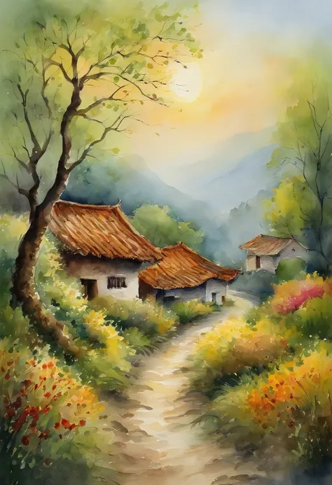 Twenty-four solar terms spring equinox，watercolor paiting，Chinese rural residential path，the trees，shining sun，tree shade，人物