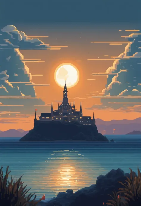 Pixel art of giant moon rising on calm sea, beautiful detailed pixel art, detailed pixel art, lo-fi retro videogame, concept pixelart, detailed pixel artwork, Pixel art style, pixel town, pixel art animation, high quality pixel art, Dolphins jump off the s...