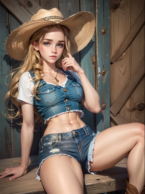 teen emma watson as a cowgirl. blonde. freckles. sparkly blue eyes that speak of innocence and acceptance. Slender frame and beautiful figure. denim shorts. crop top. reading while laying on a barn. ripped clothes exposing muscle. cowboy hat. barn. full bo...