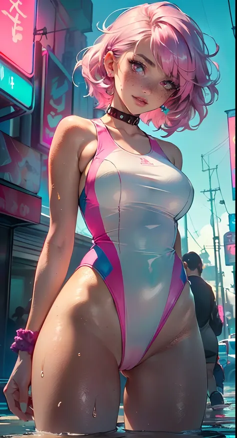 sporty girl,(((1girl))),((girl with bubblegum pink hair and freckles,extremely cute and gorgeous)),

(large breasts:1.4),saggy breasts,(((bubblegum pink hair:1.35,straight hair,long hair:1.4,colored inner hair,ear breathing))),((((heterochromia:1.5,eye1 pi...