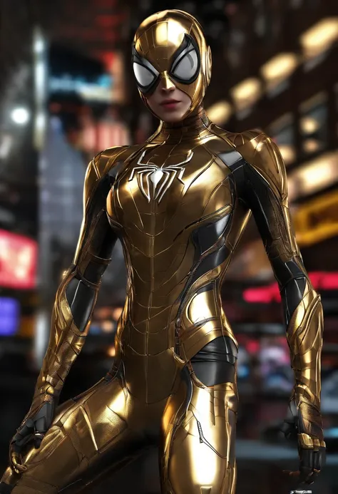 (((Female Spider-Man 1.3))), no mask on、real  face、(((raw, Superb Boobs, Cute, Big eyes, Very pale eyes & Face, Fine eyes, Gizot, Superb Boobs,))), ((3D Animation,
3D Clay Animation: 1.1))), Spider Guven,    
  ((Wearing a full-body gold Spider-Man leather...