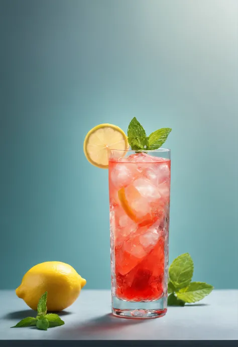 a refreshing cool drink in a glass with a slice of lemon and mint leaves on a glass table. It looks so refreshing that you want to drink it straight away, balanced and saturated colours, high colour depth, very detailed, details in shadows, high image shar...