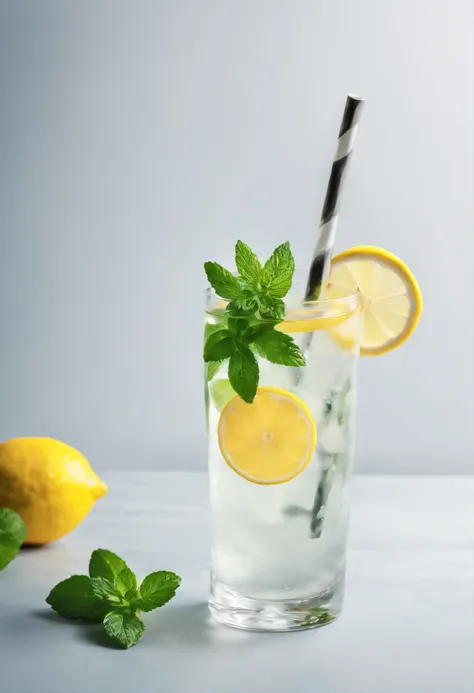 a refreshing cool drink in a glass with a slice of lemon and mint leaves on a glass table. It looks so refreshing that you want to drink it straight away, balanced and saturated colours, high colour depth, very detailed, details in shadows, high image shar...