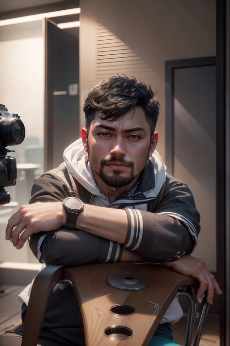 there is a man sitting on a chair with his arms crossed, shot on canon eos r 5, shot on canon eos r5, portrait shot 8 k, taken with sony alpha 9, taken with canon 5d mk4, shot on sony a 7 iii, captured on canon eos r 6, shot on nikon z9, shot on sony a 7