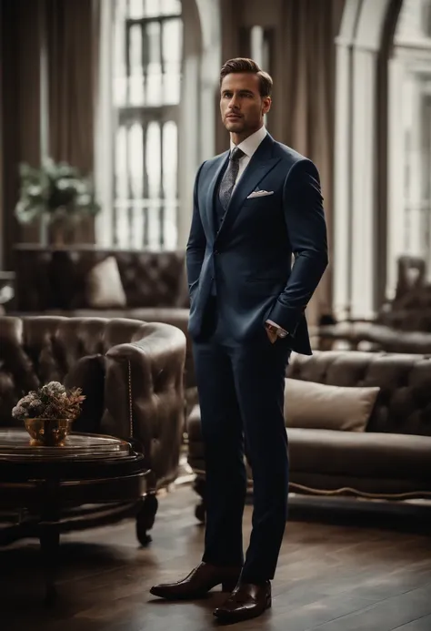 Create a stunning AI artwork that captures the essence of a confident and charismatic multimillionaire dressed in an impeccably tailored suit, set against a backdrop that reflects opulence and success. Infuse the artwork with a sense of power, elegance, an...