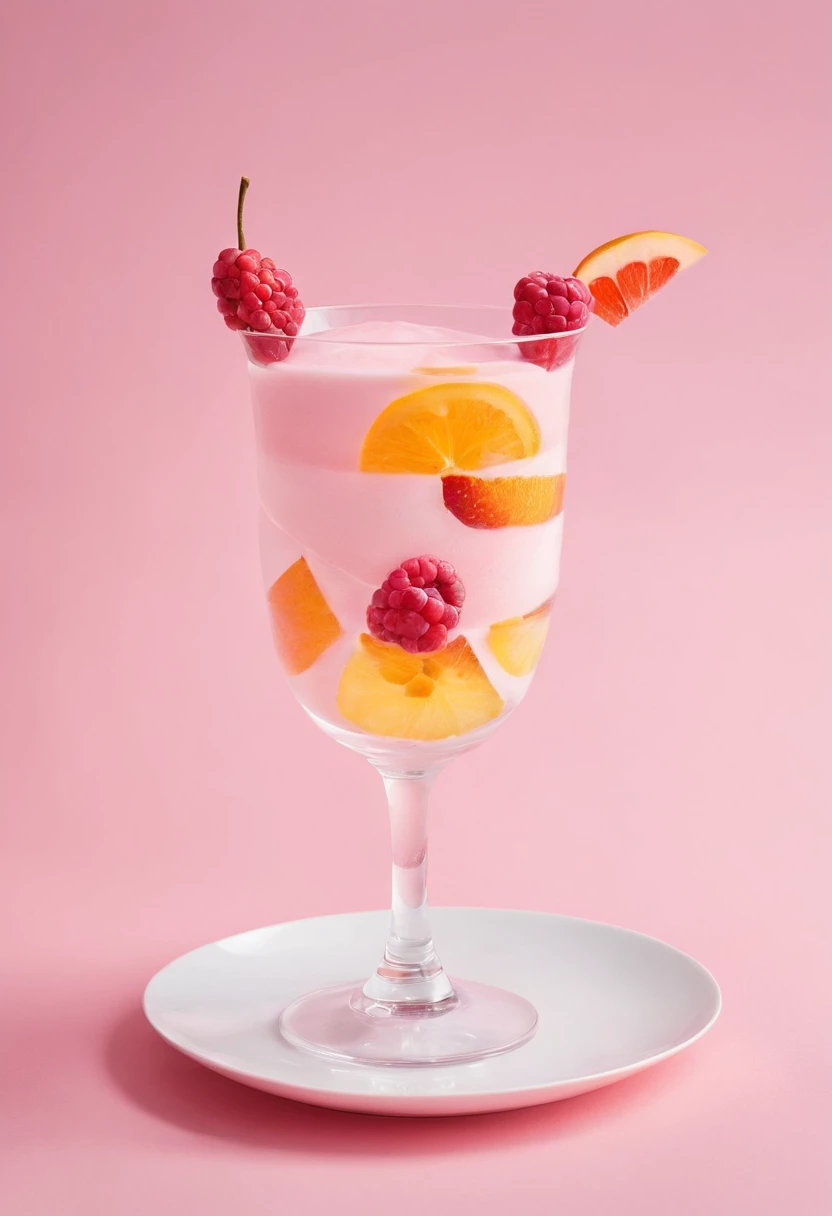 a fruit dessert with a drink standing on a pink table, in the style of uniformly staged images, juliana nan, creased, pierre-mony chan, wimmelbilder, eye-catching, leica cl