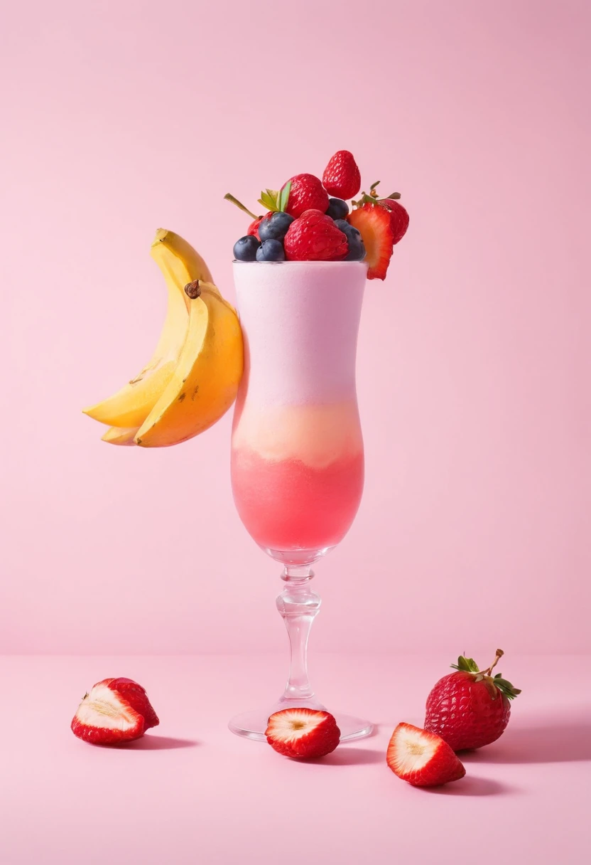 a fruit dessert with a drink standing on a pink table, in the style of uniformly staged images, juliana nan, creased, pierre-mony chan, wimmelbilder, eye-catching, leica cl