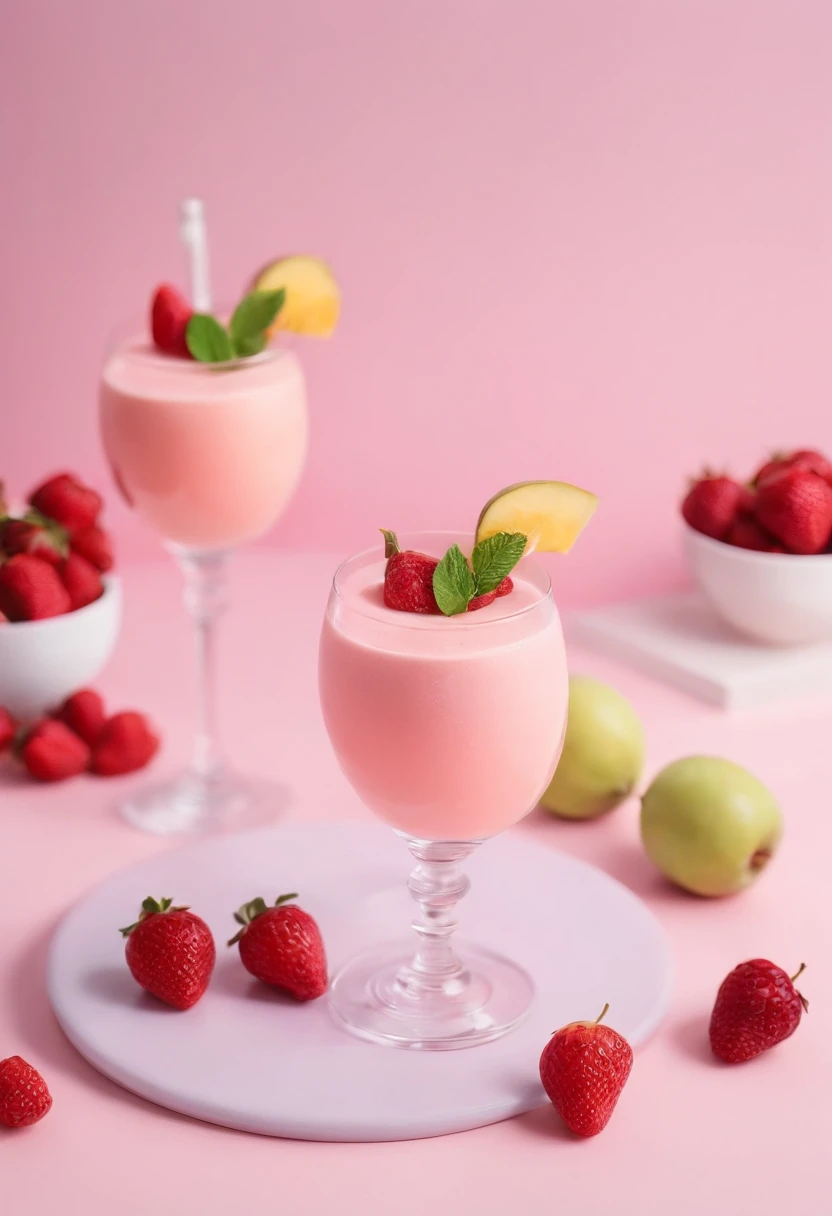 a fruit dessert with a drink standing on a pink table, in the style of uniformly staged images, juliana nan, creased, pierre-mony chan, wimmelbilder, eye-catching, leica cl