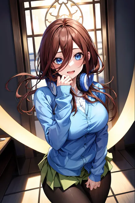 absurdres, best quality, 1girl, solo, eye focus, looking at viewer, Miku, Blue Cardigan, brown hair