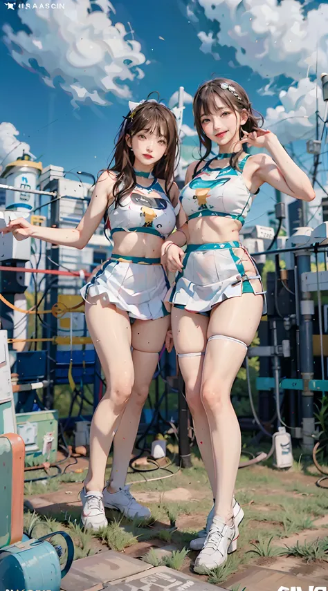 Two women in short skirts standing next to each other, Panties are visible in a squatting pose、white panty、alena aenami and lilia alvarado, ayami kojima and lyde caldwell, Wearing tight simple clothes, two japanese schoolgirls posing, Two girls, twins, sym...